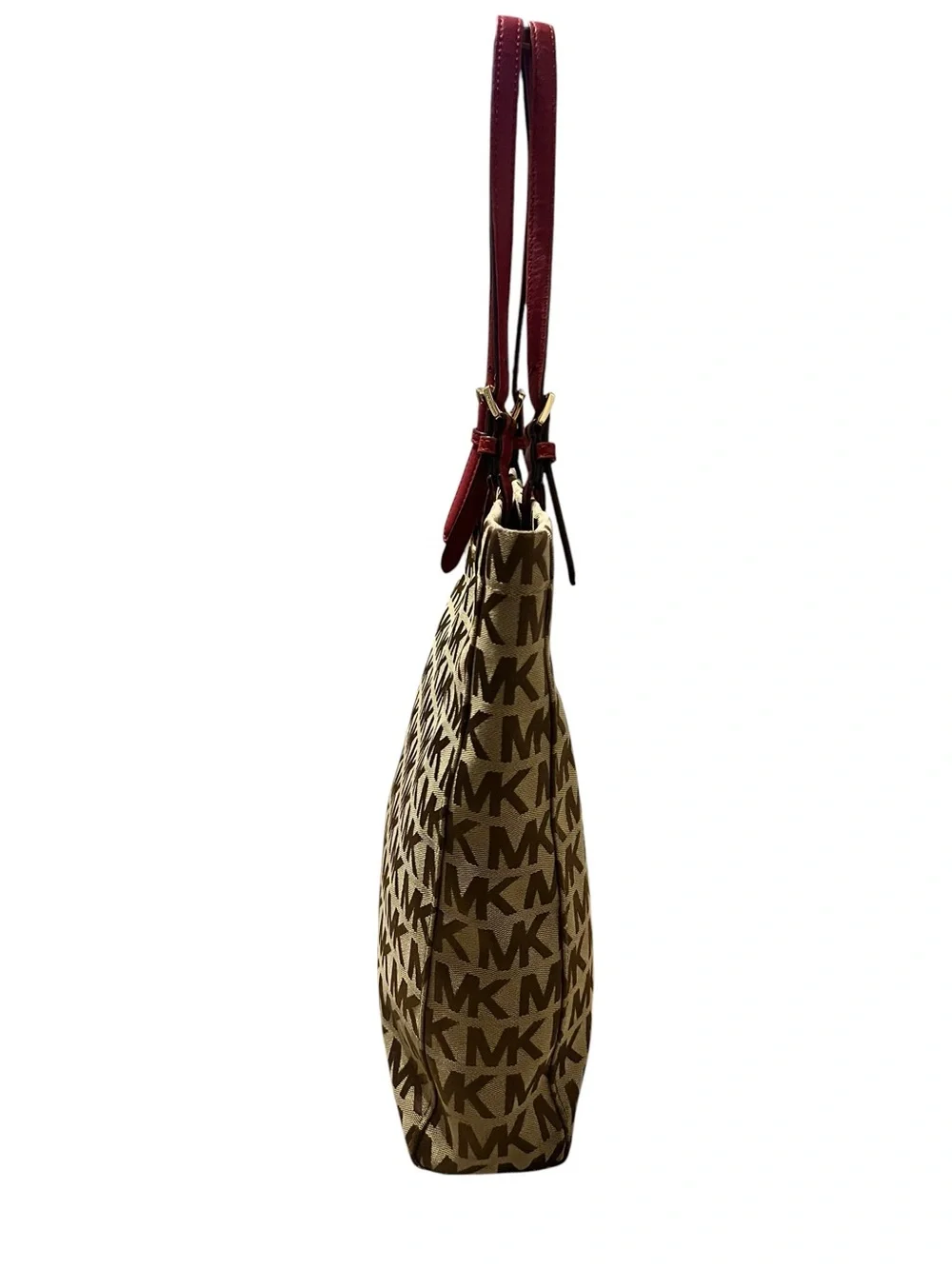 MICHAEL KORS MK Signal Jacquard Jet Set Brown Logo Tote with Red Leather Handles - Picture 3 of 7